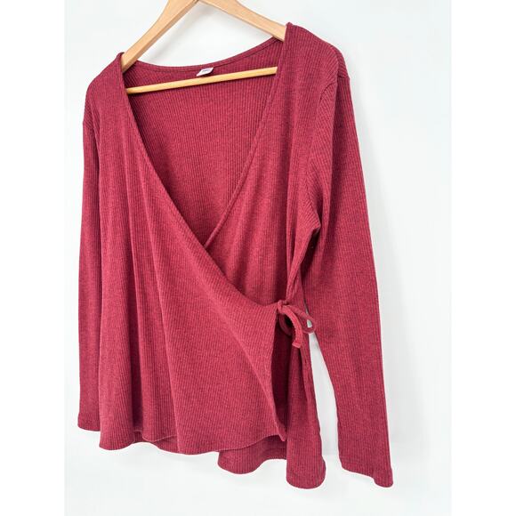 Old Navy Ruby Red Ribbed Knit Wrap Long Sleeve Top Size XL - Picture 2 of 5
